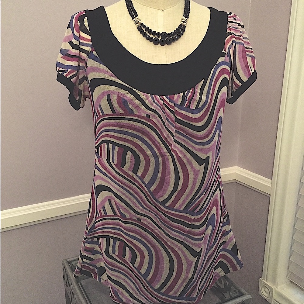 INC purple swirl pattern short puff sleeve lightweight mesh career top